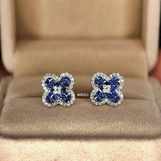 Clover with Sapphire Stone and Diamond Earrings