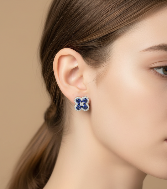 Clover with Sapphire Stone and Diamond Earrings